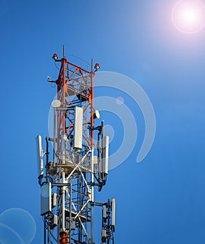 Telecommunication tower of 4G and 5G cellular. Cell Site Base Station. Wireless Communication Antenna Transmitter.