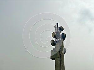 Telecommunication tower of 4G and 5G cellular. Macro Base Station. 5G radio network telecommunication equipment with