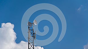 Telecommunication tower of 4G and 5G cellular. Macro Base Station. 5G radio network telecommunication equipment with radio modules