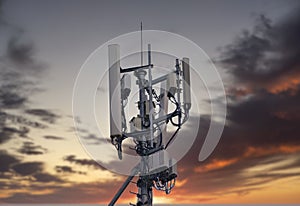 Telecommunication tower 4G and 5G. Macro Base Station or Base Transceiver Station. Wireless Communication Antenna Transmitter. Dev