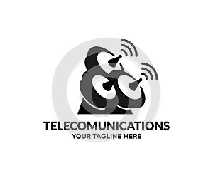 Telecommunication tower with 5G cellular, network antenna on city logo design. Global connection, internet network, mobile.