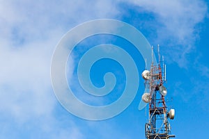 Telecommunication tower antenna with blue sky and cloud background.