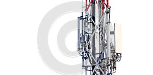 Telecommunication tower antenna with transmitters on metal pole partially isolated on white background