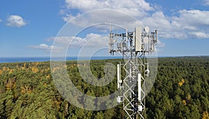 Telecommunication tower with antennas for 5g network on forest and blue sky background. mobile internet broadcast