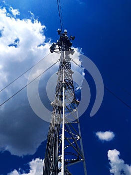 Telecommunication tower on a blue sky background for Internet connection, smartphone, wireless signal. Online service connection