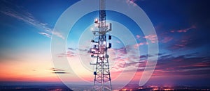 Telecommunication tower and city at dusk. Panoramic image