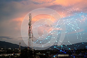 Telecommunication Tower for 2G 3G 4G 5G network during sunset. Antenna, BTS, microwave, repeater, base station, IOT. Technology photo