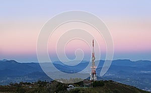 Telecommunication tower on Jaizkibel mountain at sunset., Euskadi