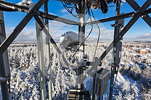 Telecommunication tower or mast with microwave, radio panel antennas, outdoor remote radio units, power cables, coaxial