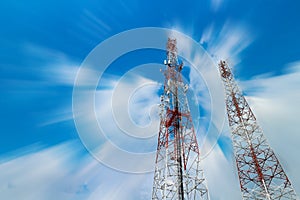 Telecommunication Tower. Mobile Phone Signal Tower on blue sky blury background landscape