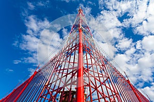 Telecommunication tower with panel antennas and radio antennas and satellite dishes for mobile communications 2G, 3G, 4G, 5G