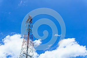 telecommunication tower for radio wave or mobile cellular with beautiful clear blue sky and little clouds. telecommunication.