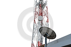 Telecommunication tower with satellite dish, isolated on white background, with clipping path