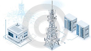 Telecommunication tower and IT server room connected, technology network infrastructure concept