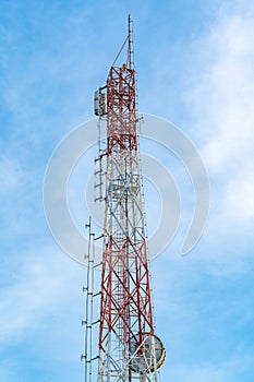 telecommunication tower. Telecommunication towers with wireless antennas on blue sky