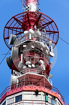 Telecommunication tower with transmitters and aerials, wireless communication and internet traffic increase