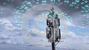 Telecommunication tower transmitting digits signals of cellular mobile 5g 4g 3g. Simulated radio waves