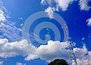 Telecommunication towers antenna on blue sky background