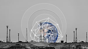 Telecommunication towers with global network connection. Element of this image are furnished by NASA