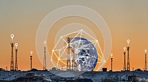 Telecommunication towers with global network connection, and location sign symbol. Element of this image are furnished by NASA