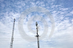 Telecommunication towers with TV antennas, network and cell phone repeaters on a sunny day with a blue sky.Telecommunication tower