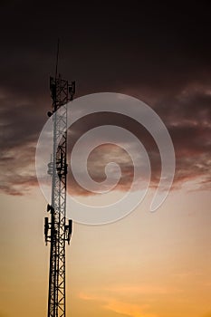 Telecommunications antenna during sunset. Cellular technology