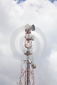 Telecommunications dishes and transmitters on a steel tower