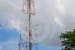 Telecommunications dishes and transmitters on a steel tower