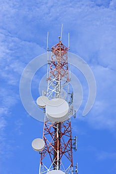 Telecommunications tower against blue sky