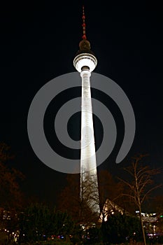 Telecommunications tower in Berlin at night