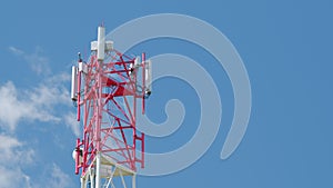 Telecommunications tower carrying broadcasting antennas for gsm, 3g, 4g and 5g cellular networks. High technology.