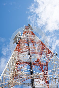 Telecommunications tower with clear blue sky