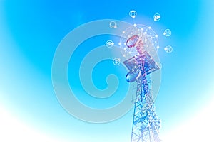 Telecommunications tower with with icon of internet, e-mail, cloud technology, smart phone, computer, wireless signal and banking.
