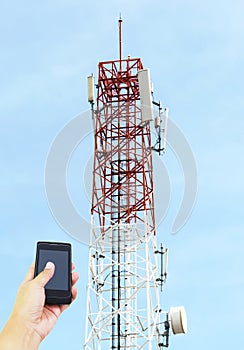 Telecommunications tower with satellite dish , Bule sky Background