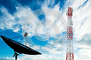 Telecommunications tower with satellite dish on sky photo