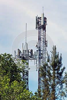 Telecommunications towers between trees and the sky in the background
