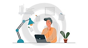 Telecommuting business job man concept vector illustration with laptop. Computer technology remote working from home. Online