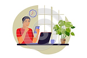 Telecommuting concept. Freelancer working from home. Vector illustration. Flat