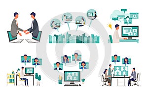 Telecommuting concept. Vector illustration of people having communication via telecommuting system. Concept for any telework photo