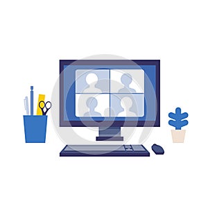 Telecommuting concept. Vector illustration of people having communication via telecommuting system. Concept for telework, video