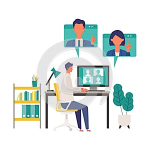 Telecommuting concept. Vector illustration of people having communication via telecommuting system. Concept for video conference,