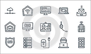 telecommuting line icons. linear set. quality vector line set such as workflow, wifi, vpn, online, server, telecommuting,