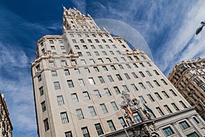 Telefonica building on Calle Gran Via street in Madrid, Spa