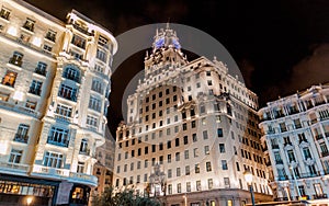 Telefonica building on Calle Gran Via street in Madrid, Spa