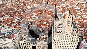 Telefonica building at Gran Via street in Madrid, Spain.