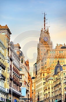 Telefonica Building in Gran Via street - Madrid, Spain