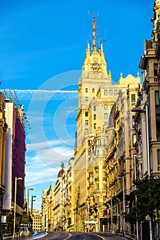 Telefonica Building in Gran Via street - Madrid, Spain