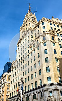 Telefonica Building in Gran Via street - Madrid, Spain