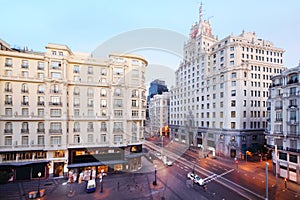 Telefonica building at Gran Via street at spring