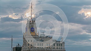 Telefonica Building is a Manhattan-style skyscraper at Gran Via timelapse, Madrid, Spain.